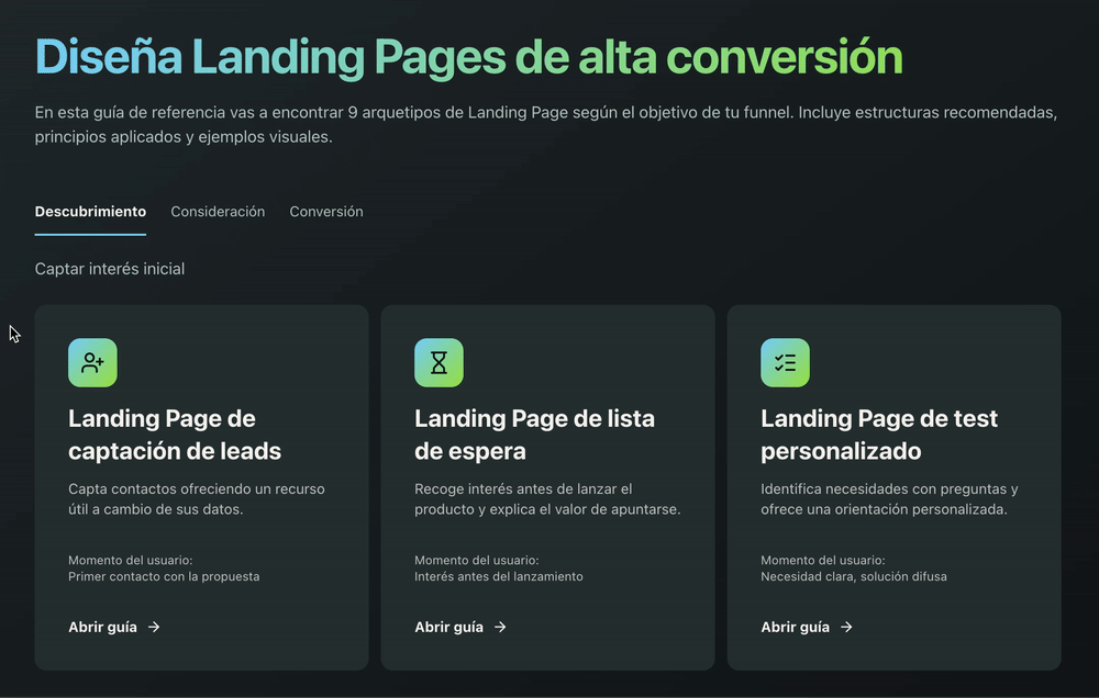 Vista previa de los arquetipos de landing page