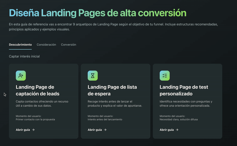 Vista general de tres arquetipos de landing page en FARO